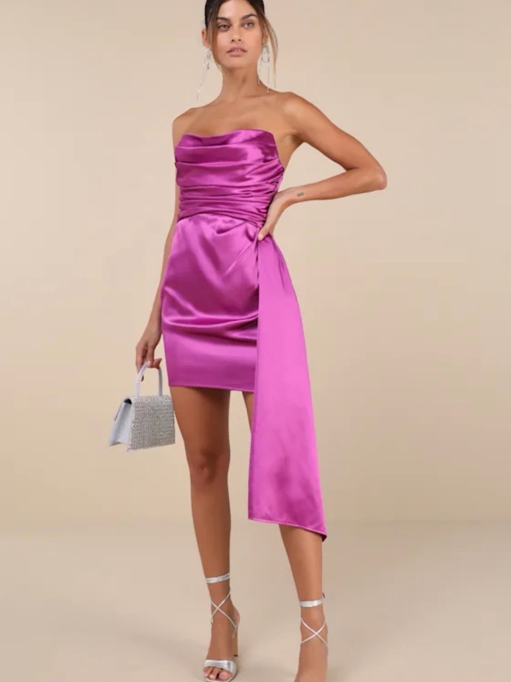 New Lulu’s Strapless Fuchsia Satin Mini Dress with Side Drape size XL